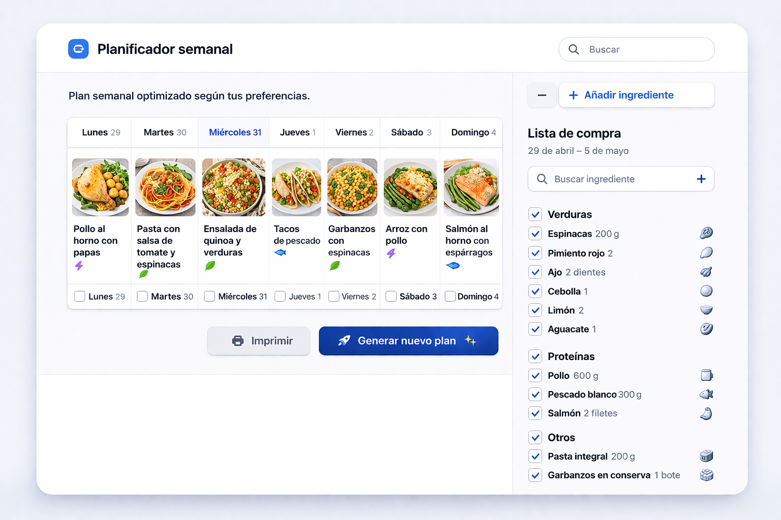 Plan semanal organizado con Xef+
